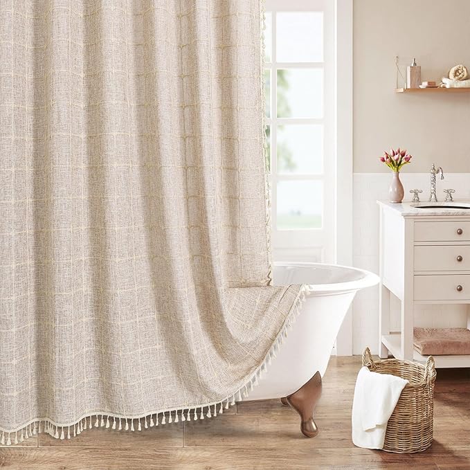 MitoVilla Boho Farmhouse Shower Curtain Set, Modern Boho Shower Curtains for Bathroom Decor, Tan Brown Polyester Linen Fabric Shower Curtain, Rustic Neutral Weave Cloth Shower Curtain, Taupe, 72 x 72