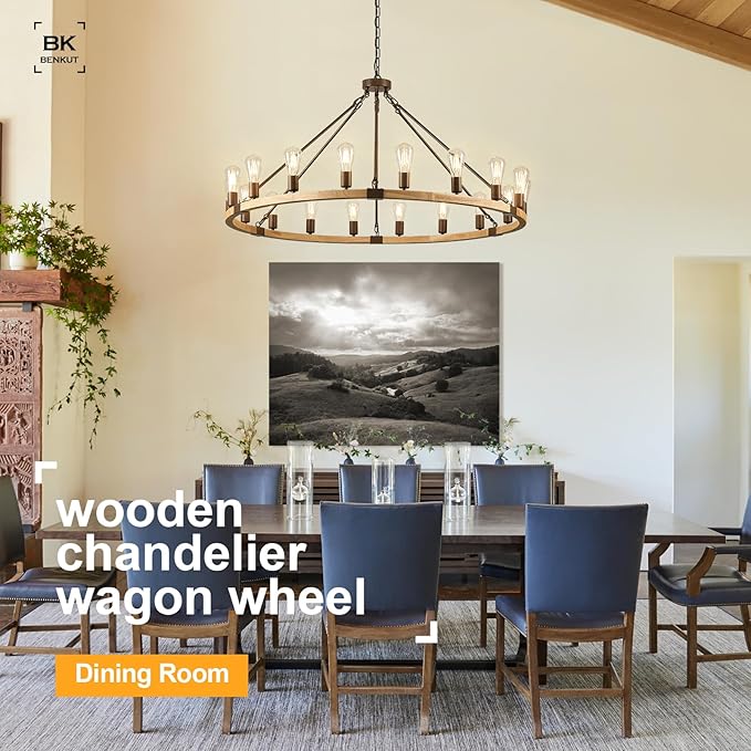 Farmhouse Wagon Wheel Chandelier 47" Wooden Rustic Light Fixtures 18-Light Wood Round Chandelier for Foyer Living Room Entryway Dining Room