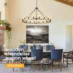 Farmhouse Wagon Wheel Chandelier 47" Wooden Rustic Light Fixtures 18-Light Wood Round Chandelier for Foyer Living Room Entryway Dining Room
