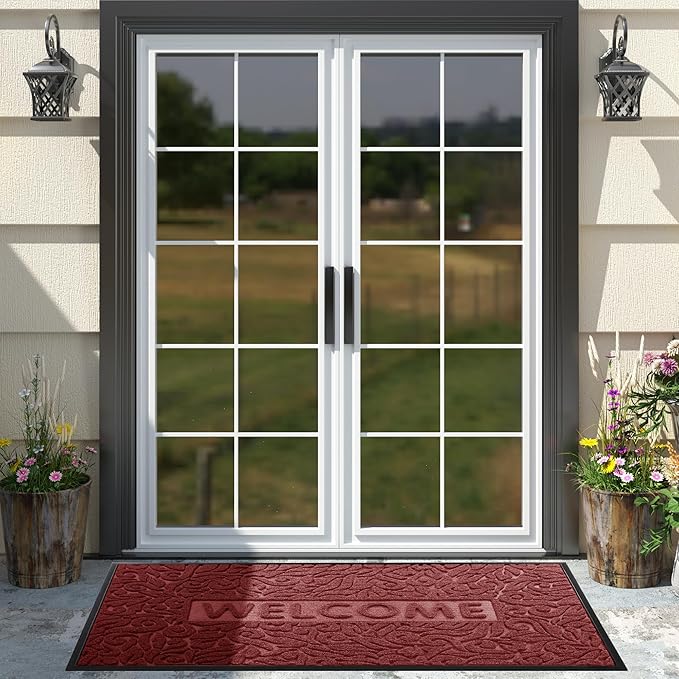 Yimobra Large Welcome Mat 60x36, Waterproof Non-Slip Outdoor Mats for Front Door Outside Entrance, Low-Profile Entryway Mat Indoor for Garage Patio, Wine Red