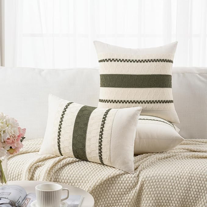 Fancy Homi Set of 2 Boho Olive Green Euro Decorative Throw Pillow Cover 26x26 Inch for Couch Bed Bedroom, Aesthetic Modern Organic Farmhouse Room Decor, Soft Cotton Accent Macrame Woven Cushion Case