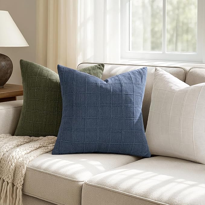 Woaboy Linen Check Throw Pillow Covers Set of 2 - Blue Farmhouse Modern Boho Vintage Decorative Cushion Covers for Sofa Couch Bedroom Living Room Decor 18x18 Inch