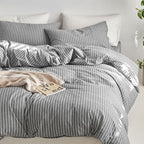 MooMee Striped Duvet Cover Set 100% Washed Cotton Linen Like Textured Breathable Durable Soft Comfy (Dark Grey White Wide Stripes, Oversized Queen 98"x98")