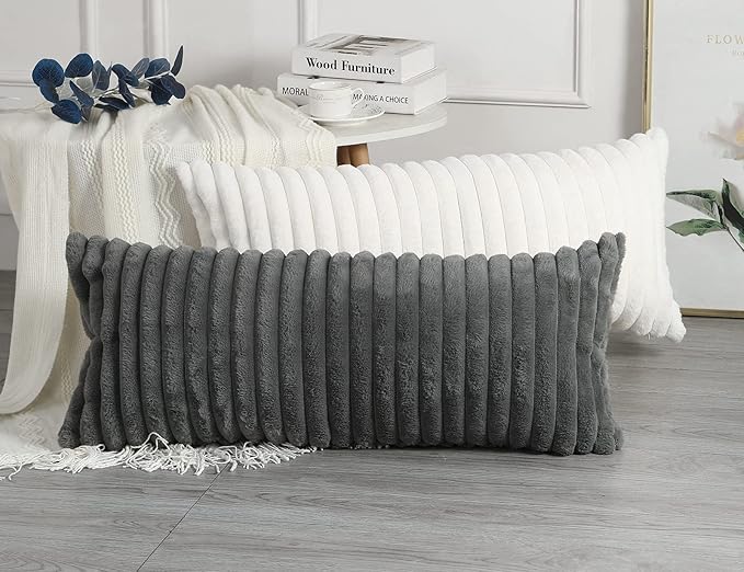 PANOD Faux Fur Decorative Lumbar Throw Pillow Covers 14 x 36,Plush Long Boho Lumbar Pillow Covers Pillow Case Cushion Case for Bed Sofa Farmhouse Livingroom,White