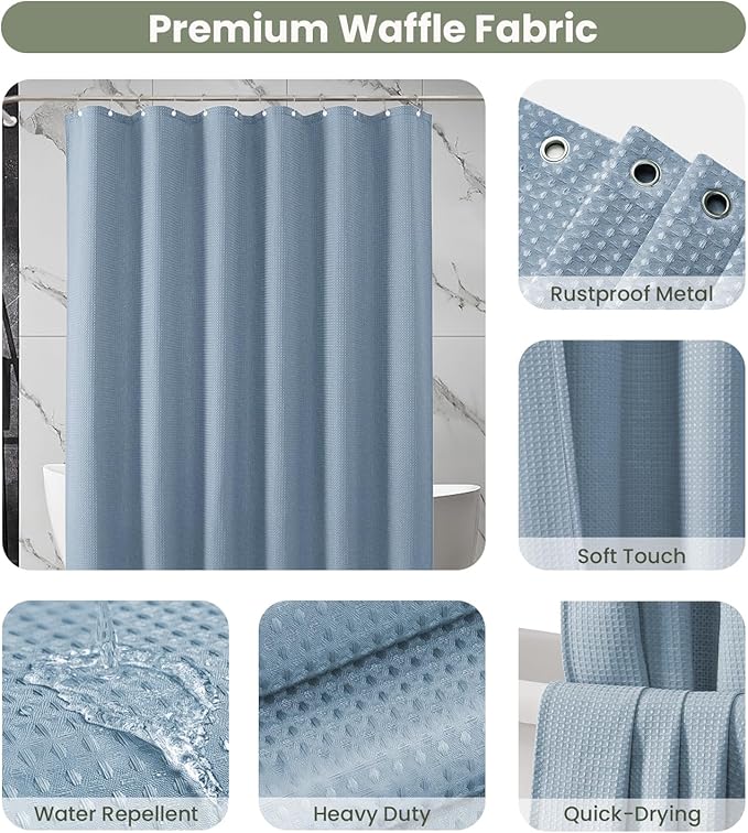 Inhousolu Fabric Shower Curtain Waffle Weave, Fog Blue 230 GSM Heavy Duty, Weighted Hem, 14 Metal Hooks, Water Repellent, Machine Washable, Hotel Spa Luxury Bath Curtain Set, 72 x 96 Inch