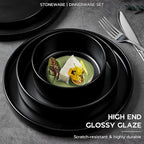 Onader Stoneware Dinnerware Set for 2 with Pasta Bowl, 8 Piece Plates and Bowls Dish Dinner Set, Microwave & Dishwasher Safe - Ebony Black
