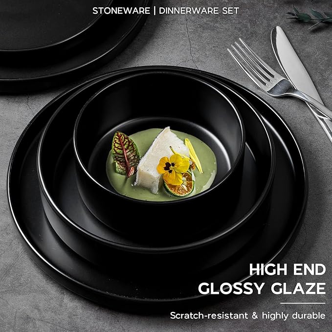 Onader 16 Piece Dinnerware Sets with Serving Bowls for 4, Stoneware Plates and Bowls Dish Sets, Ceramic Dinner Ware Dishware for Kitchen Dining, Chip & Scratch Resistant - Ebony Black