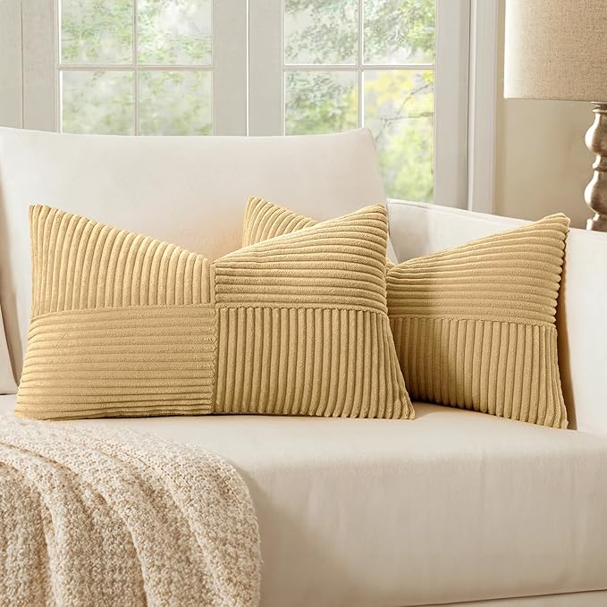 MIULEE Khaki Corduroy Pillow Covers Pack of 2 Boho Decorative Spliced Throw Pillow Covers Soft Solid Couch Pillowcases Cross Patchwork Textured Cushion Covers for Living Room Bed Sofa 12x20 inch