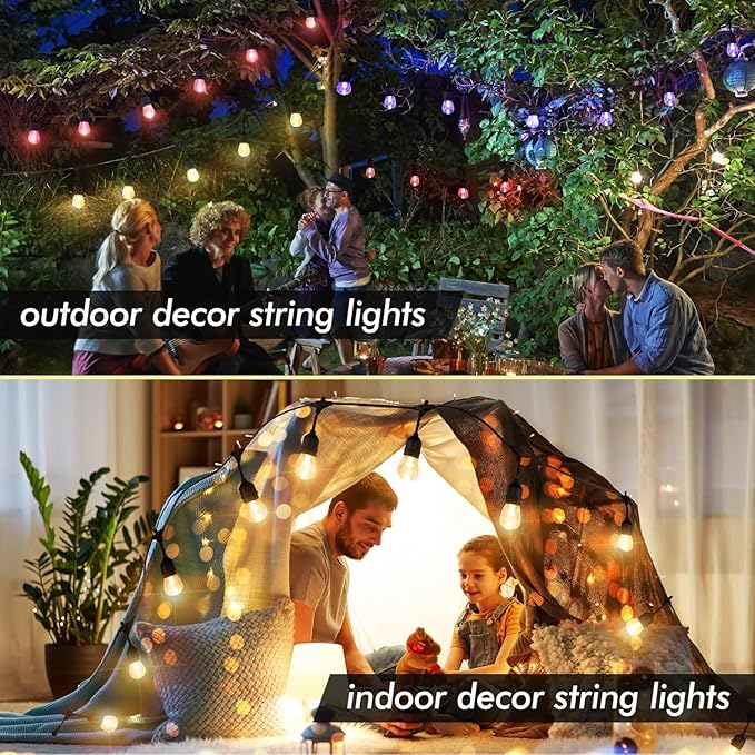 48FT Solar Outdoor String Lights, 15 Shatterproof Edison LED Bulbs, Dimmable RGB Color Changing Patio Lights with 8 Modes & Remote, Waterproof Commercial Grade for Garden, Yard, Party