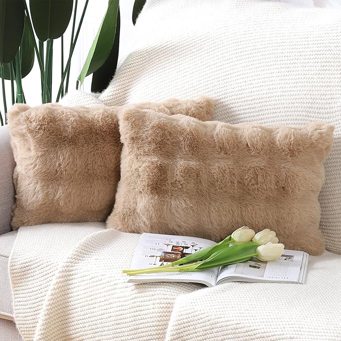MADIZZ Pack of 2 Thick Plush Wool Throw Pillow Covers 12x20 Inch Camel Soft Neutral Decorative Throw Pillows Accent Boho Cushion Covers for Couch Sofa Bedroom Pillow Shell