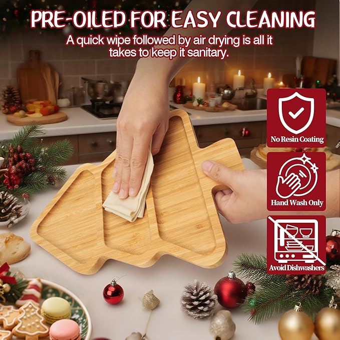 Christmas Serving Tray, Bamboo Christmas Tree Serving Platter with 3 Compartments, Charcuterie Board Serving Dishes 11.8" x 8.7" for Party Cookie Fruit Cheese
