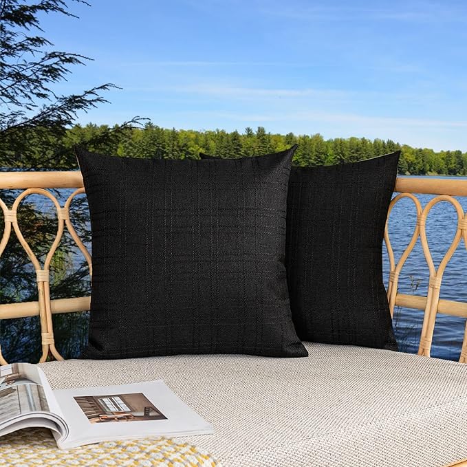 Kevin Textile Pack of 2 Outdoor Waterproof Pillow Covers Throw Pillow Covers Decorative Pillowcases Classic Checkered Pillow Cases for Sofa Couch Patio Garden 24x24 Inch Black