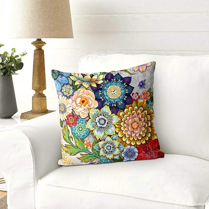 Snycler Boho Floral Throw Pillow Covers Set of 2 Colorful Boho Flower Decorative Cushions Pillowcase for Bedroom Sofa Home Decor, 26x26 Inch, Velvet, Short Plush