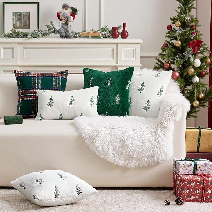 MIULEE Christmas Decorative Pillow Covers Set of 2 Faux Fur Throw Pillows with Embroidered Christmas Tree 12x20 Inch White Green Winter Couch Covers for Festival Sofa Bedroom Living Room Home Decor