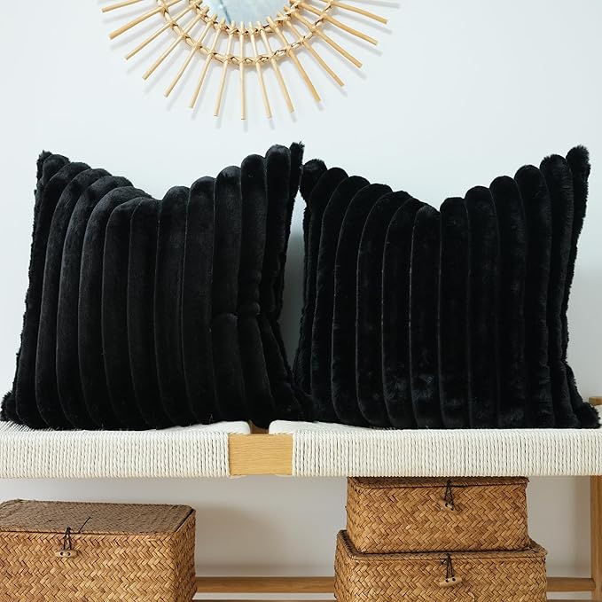 JOJUSIS Pack of 2 Faux Fur Plush Decorative Throw Pillow Covers Couch Cushion Case Soft Pillowcases (Black, 16 x 16-Inch)