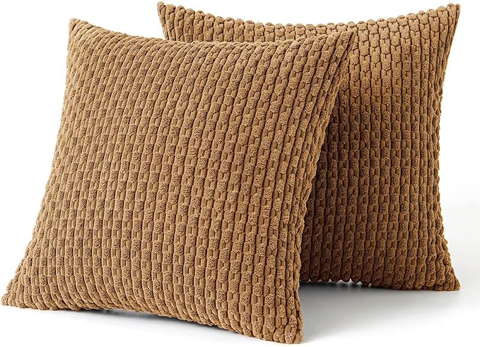 MIULEE Pack of 2 Decorative Throw Pillow Covers 18x18 Inch Soft Boho Striped Textured Corduroy Pillow Covers Modern Farmhouse Home Decor for Couch Bed Sofa Living Room Light Coffee