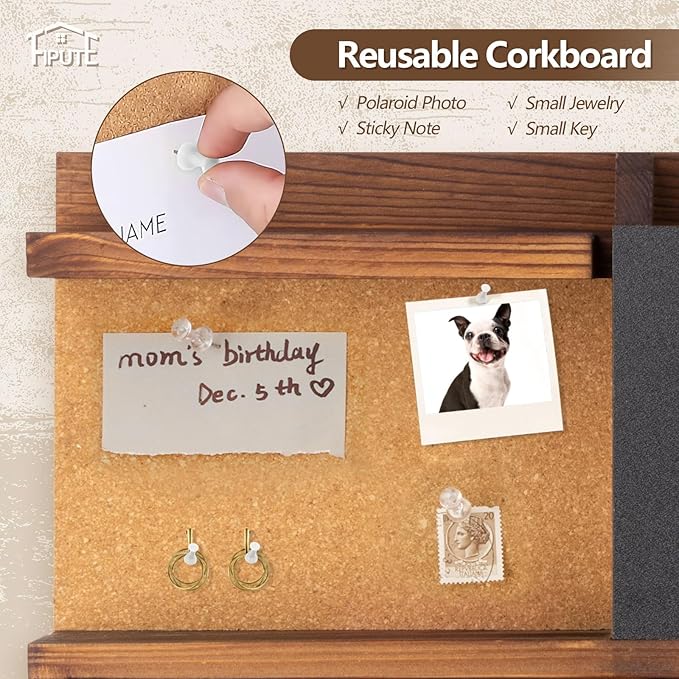 Key Holder for Wall Mount with Mail Organizer, Farmhouse Key Holder for Wall with Shelf, Chalkboard&Corkboard, Entryway Organizer 11 Metal Hooks, Decorative Natural Pine Wood, 14.6*11.1*3.3”, A-Brown