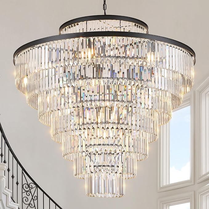 43.3" Large Crystal Chandeliers 28 Lights Black Modern Chandelier for Foyer Staircase High Ceiling 8 Tiers Round K9 Ceiling Pendant Lighting Fixture Luxury for Lobby Living Room