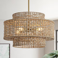 17.7” Boho Rattan Chandelier Light Fixture 4-Light Hand Woven Rustic Chandeliers with Wicker Shade, Farmhouse Chandelier Hanging Light for Dining Room Kitchen Island, Living Room, Foyer