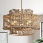 17.7” Boho Rattan Chandelier Light Fixture 4-Light Hand Woven Rustic Chandeliers with Wicker Shade, Farmhouse Chandelier Hanging Light for Dining Room Kitchen Island, Living Room, Foyer