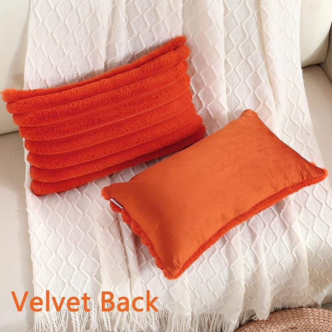 FUTEI Burnt Orange Striped Decorative Throw Pillow Covers 12x20 Inch Set of 2,Rectangle Winter Decorations Couch Lumbar Pillowcase,Soft Cozy Faux Rabbit Fur & Velvet Back,Modern Home Decor for Bed