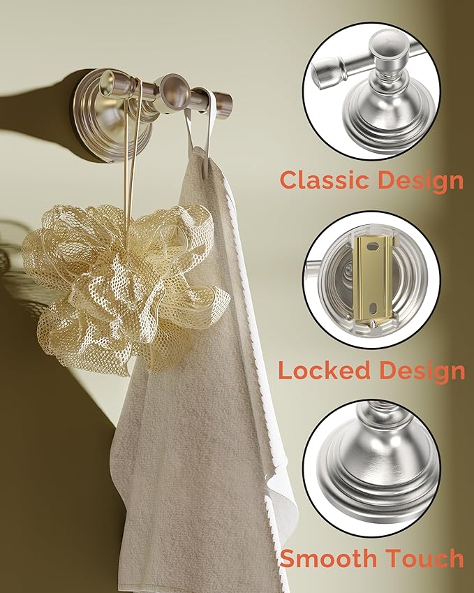 Towel Hook for Bathrooms 2 Pack, Stainless Steel Robe Coat Hook Wall Mount, Heavy Duty Towel Hanger for Kitchen, Bedroom or RV (Brushed Nickel)