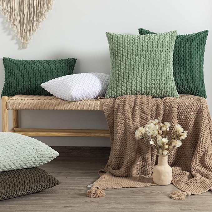 Kevin Textile 2 Packs Decorative Throw Pillow Covers 20x20 Inch for Living Room Couch Bed Spring Sofa Soft Striped Corduroy Square Cushion Case 50x50 cm Farmhouse Boho Home Decor Sage Green