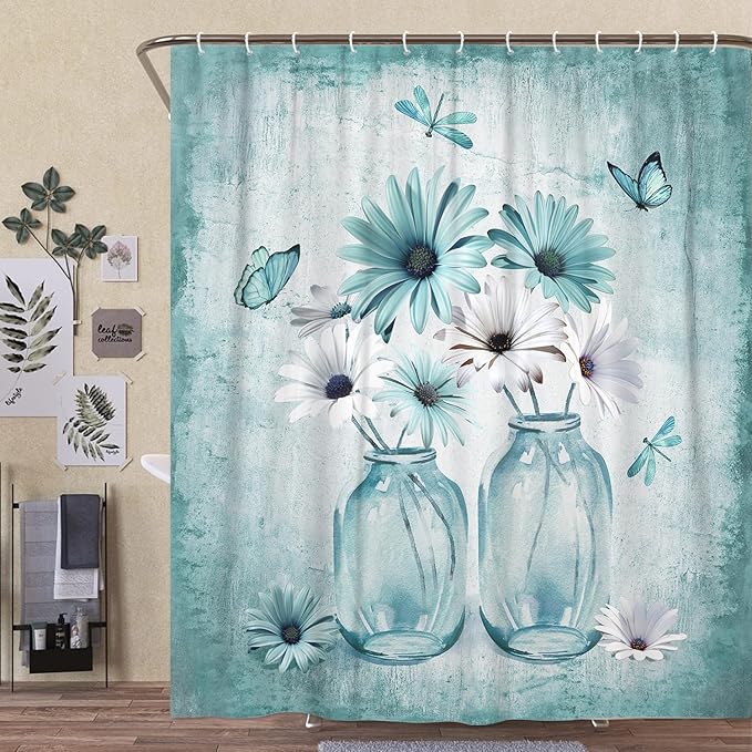 Rustic Farmhouse Teal Floral Shower Curtain, Sage Green Daisy Flowers Butterfly Dragonfly on Abstract Aesthetic Country Wooden Boho Shower Curtain Set, White Bathroom Accessory Sets with Hooks, 60X70