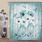 Rustic Farmhouse Teal Floral Shower Curtain, Sage Green Daisy Flowers Butterfly Dragonfly on Abstract Aesthetic Country Wooden Boho Shower Curtain Set, White Bathroom Accessory Sets with Hooks, 36X70