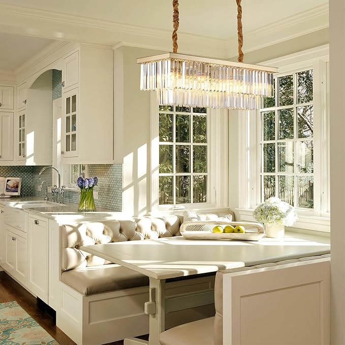 Gold Rectangular Chandelier 31.5 Inch - 8-Light Luxury Modern Crystal Pendant Height-Adjustable Lighting Fixture for Dining Room, Kitchen Island & Bar - Premium K9 Crystals(Gold, L-31.5")