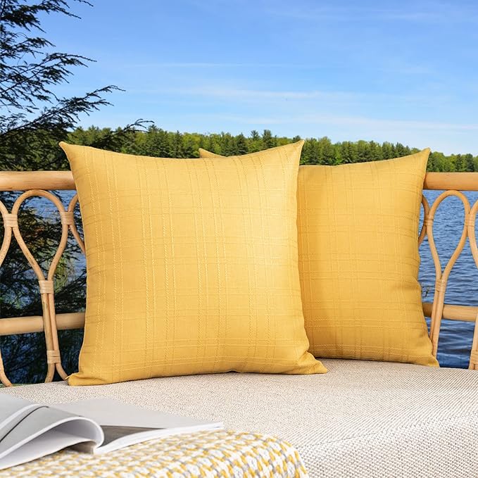 Kevin Textile Pack of 2 Decorative Outdoor Waterproof Pillow Covers Square Garden Checkered Cushion Sham Throw Pillowcase Shell for Patio Tent Couch 24x24 Inch Yellow