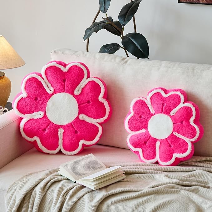 Flower Shaped Decorative Throw Pillow Cushion for Bed Couch, Cute Flower Plush Throw Pillows Home Decor Floor Pillow Seating Cushions (Hot Pink, 13.7 Inches)