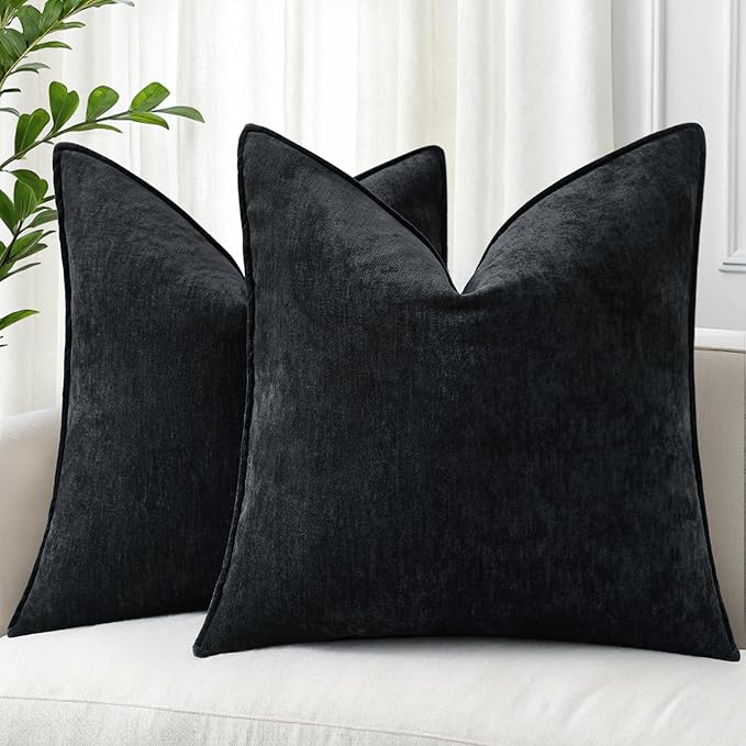 decorUhome Couch Throw Pillow Covers 26x26 Set of 2, Decorative Soft Euro Neutral Chenille Pillow Covers with Elegant Design for Sofa Bed Living Room Home Decor, Black