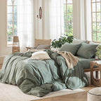 MooMee Bedding Duvet Cover Set 100% Washed Cotton Linen Like Textured Breathable Durable Soft Comfy (Heathered Green, Oversized Full 82"x86")