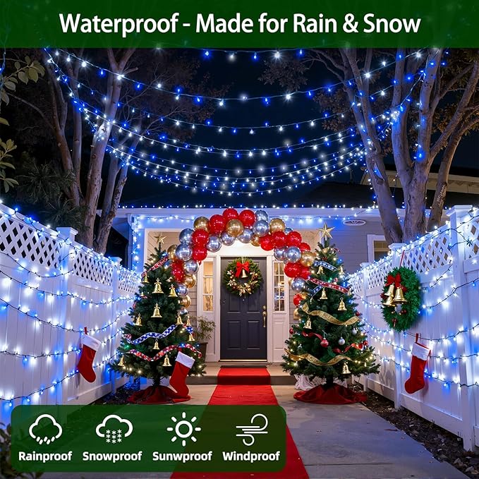 300LED Christmas Lights Outdoor Indoor Use, 12 Lighting Modes 75ft Christmas Tree Lights with Timer, Dimmable Blue Cool White LED StringLights Waterproof for Yard Wedding Party Holiday Blue&CoolWhite