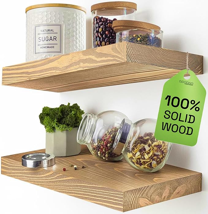 BAOBAB WORKSHOP Natural Wood Floating Shelves for Wall 12 Inch Wide, Small Wooden Shelf 12 In, Bathroom Shelves for Room Wall Mounted Kitchen Rustic Farmhouse, Oak Floating Shelf, 12W × 6.7D, Set of 2