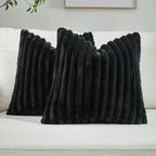 FUTEI Black Striped Decorative Throw Pillow Covers 14x14 Inch Set of 2,Square Winter Decorations Couch Pillow Case,Soft Cozy Faux Rabbit Fur & Velvet Back,Modern Home Decor for Bed