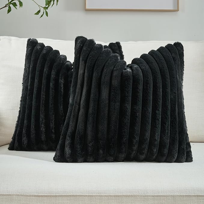 FUTEI Black Striped Decorative Throw Pillow Covers 20x20 Inch Set of 2,Square Winter Decorations Couch Pillow Case,Soft Cozy Faux Rabbit Fur & Velvet Back,Modern Home Decor for Bed
