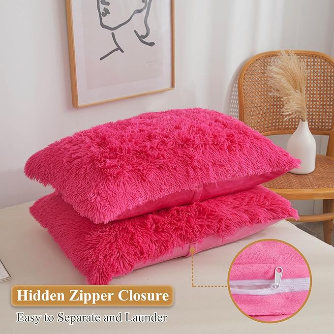 XeGe Faux Fur Throw Pillow Covers, Luxury Fluffy Plush Hot Pink Pillow Shams, Shaggy Furry Decorative Pillow Fuzzy Cushion Cover for Sofa Bed Couch, Zipper Closure, Pack of 2(18''x18'', Hot Pink)