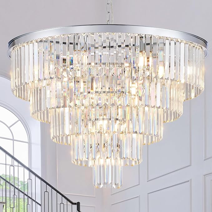 Large Crystal Chandeliers Modern Chrome 30” Chandelier for Foyer Staircase Luxury 5 Tiers 16 Lights K9 Ceiling Pendant Lighting Fixture for Living Room Dining Room Bedroom
