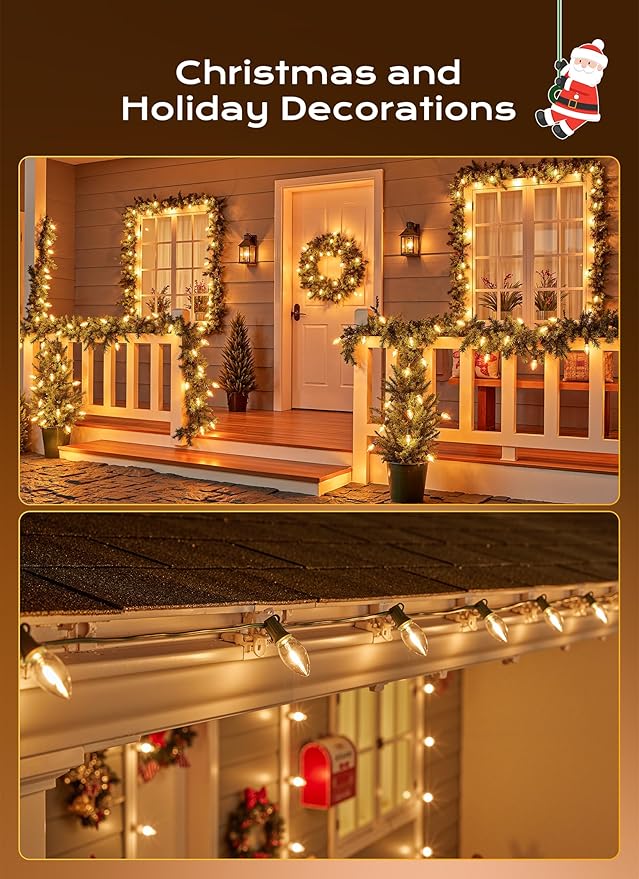 C9 Christmas Lights Outdoor, 25 FT 25 LED Vintage Warm White C9 String Lights Connectable for Christmas Tree Roofline Patio Garden Backyard Holiday Party Indoor Outdoor Decoration, Green Wire
