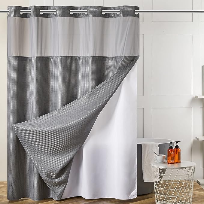 Furlinic No Hook Shower Curtain with Snap in Fabric Liner Set,Waffle Weave Heavy Duty Bathroom Curtain with See Through Window,Waterproof & Machine Washable,Hotel Style,Light Grey,71x75 Inch