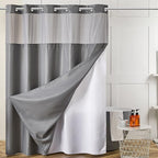 Furlinic Stall Size No Hook Shower Curtain with Snap in Liner,Waffle Weave Heavy Duty Fabric Bathroom Curtains with See Through Top Window,Waterproof & Machine Washable,Grey,36x72 Inch