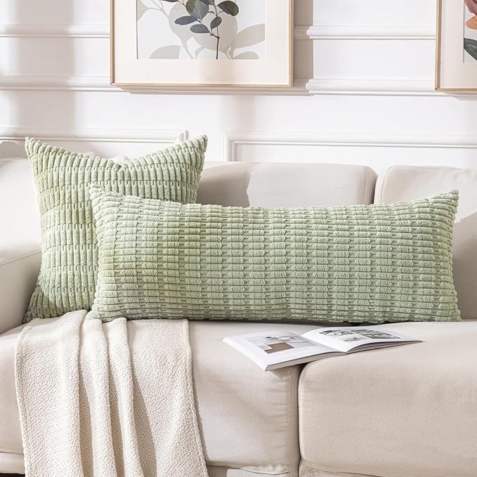 Fancy Homi Sage Green Long Lumbar Decorative Throw Pillow Covers 14x36 Inch for Bed Couch Bedroom, Soft Corduroy Rectangle Solid Cushion Case 35x91 cm, Rustic Farmhouse Boho Room Décor