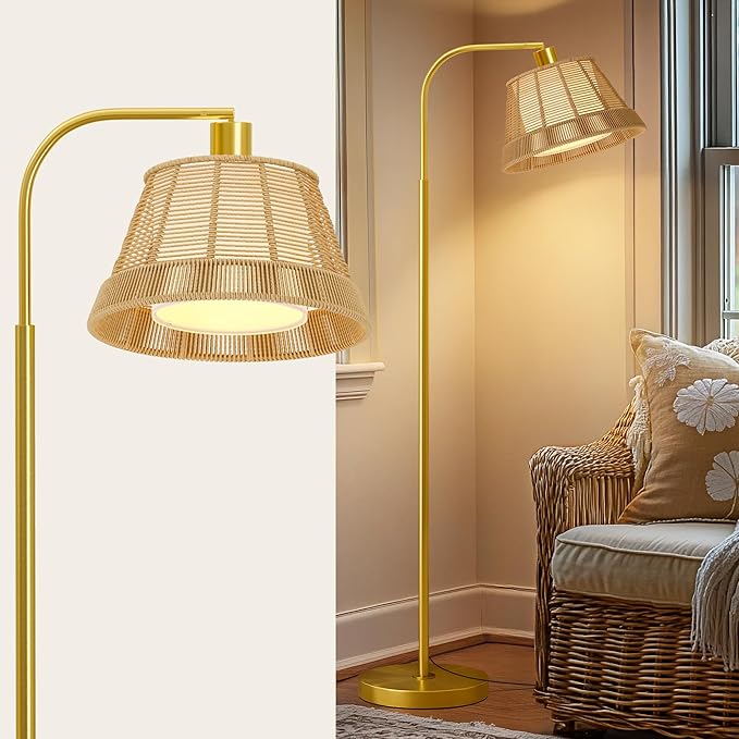 Oneach Arc Floor Lamp for Living Room,Rattan Boho Floor Lamp with Hand-Woven Wicker Shade, Gold Metal Base & Pole,Foot Switch,Farmhouse Standing Lamps for Bedroom Corner,Reading