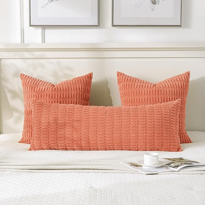 Fancy Homi Coral Long Body Lumbar Lumbar Decorative Throw Pillow Covers 14x36 Inch for Bed Couch Bedroom Bench, Soft Corduroy Rectangle Solid Pillow Case, Rustic Farmhouse Boho Room Decor