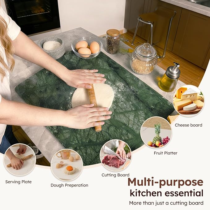 Diflart Natural Marble Stone Cutting Board for Kitchen, 16x20 Inch, Green, Marble Slab Pastry Board Large for Cheese, Serving, Baking, Pack of 1 Piece