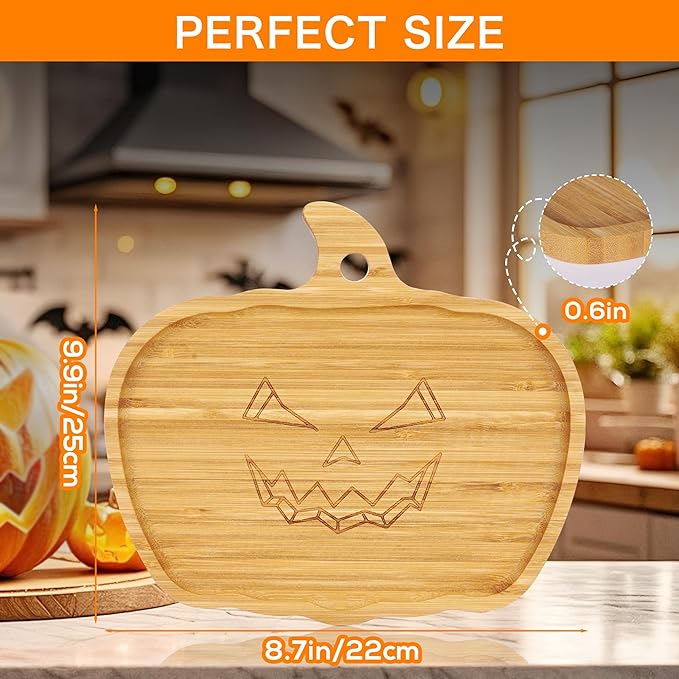WILLKOMMEN Halloween Serving Platter, Pumpkin Shaped Charcuterie Board, Bamboo Serving Tray 10" x 9" for Party Child Spooky Appetizer Board Serving Dish Plate for Cheese,Snacks,Candy,Cookies