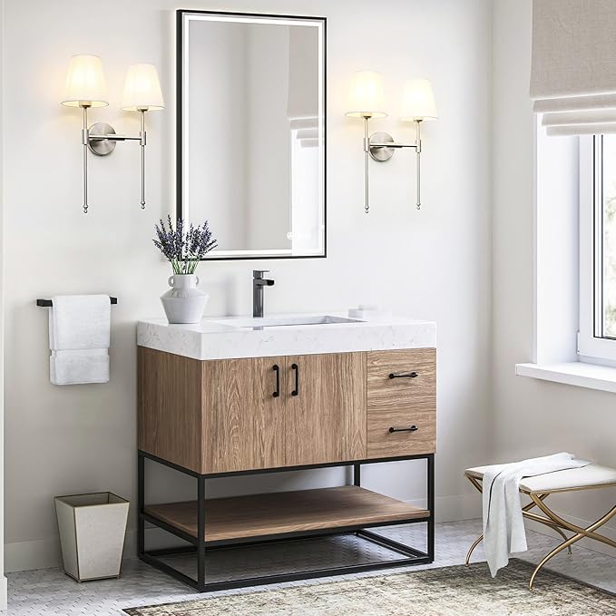 PERMO Industrial Double Sconce Large 2-Lights Wall Sconce with Flared White Textile Lampshade and Brushed Nickel Finished Long Arm for Bathroom Bedroom, Hardwired Wall Sconces