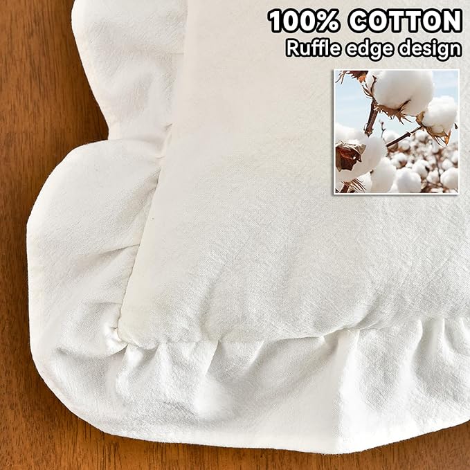 AmHoo Pack of 2 Throw Pillow Covers 100% Cotton Pre Washed Ruffle Decorative Pillowcase Cushion for Couch Sofa Bedroom 24 x 24-Inch Cream White